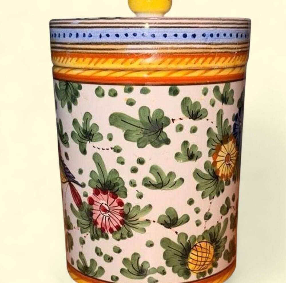 Vintage Italian Hand Painted Deruta Lidded Jar, Bird Pattern Mediterranean